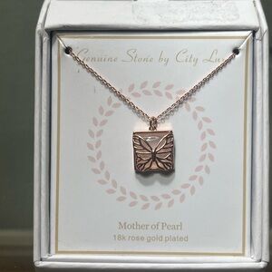 Genuine Stone Mother Of Pearl 18k Rose Gold Plated Butterfly Pendant Necklace